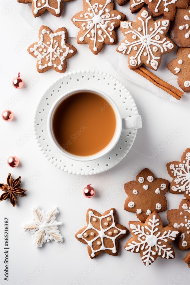 A flat lay of simple Christmas cookies and a cup of cocoa against a clean white backdrop AI generated illustration