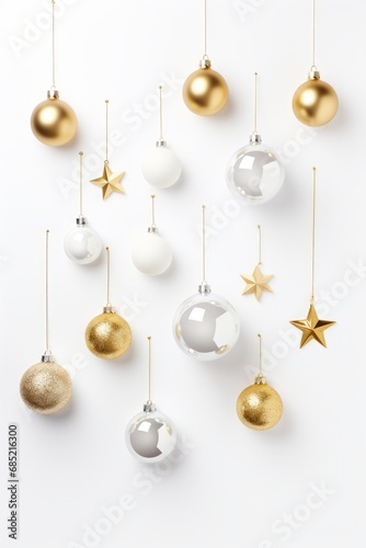 A flat lay of minimalistic Christmas ornaments against a white background AI generated illustration