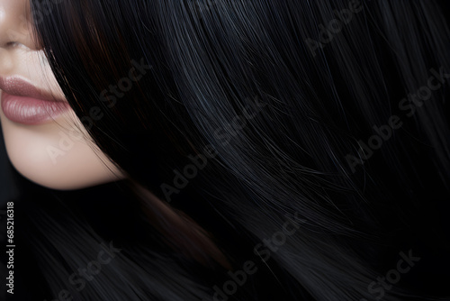 Close up of shiny long healthy black hair photo