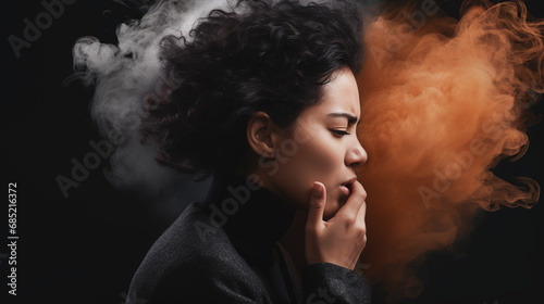 Thoughtful Woman with Colorful Smoke Clouds Creative Portrait 