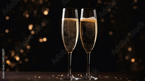 Elegant Sparkling Champagne Flutes Toast Celebration with Golden Bubbles and Bokeh Background