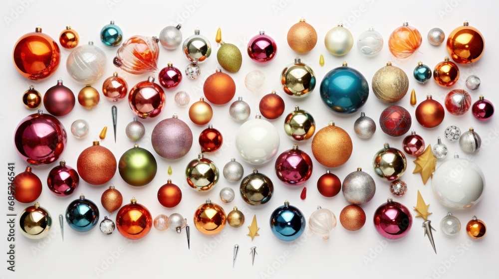 A flat layout of assorted Christmas baubles organized aesthetically on a white backdrop  AI generated illustration