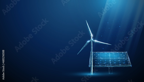 Abstract blue solar panel with wind turbine Renewable power generation Green energy concept Alternative source of energy