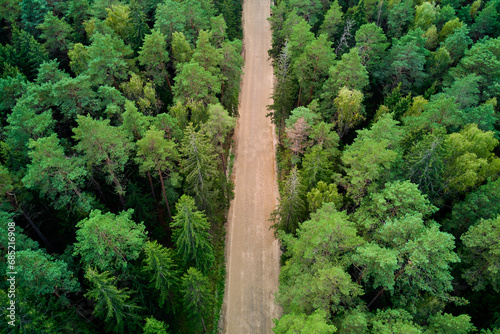 Aerial view of an empty forest road for cars to pass through