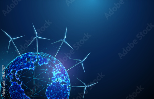 Abstract blue wind turbines on planet Earth Renewable power generation Green energy concept Alternative source of energy