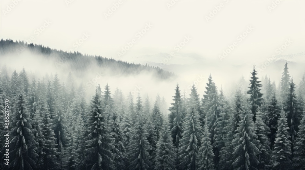 A snowy evergreen forest under a cloudy sky capturing the simplicity and monochromatic beauty of winter landscapes AI generated illustration A snowy evergreen forest under a cloudy sky capturing the simplicity and monochromatic beauty of winter landscapes AI generated illustration
