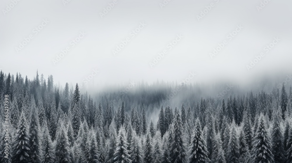 A snowy evergreen forest under a cloudy sky capturing the simplicity and monochromatic beauty of winter landscapes AI generated illustration A snowy evergreen forest under a cloudy sky capturing the simplicity and monochromatic beauty of winter landscapes AI generated illustration