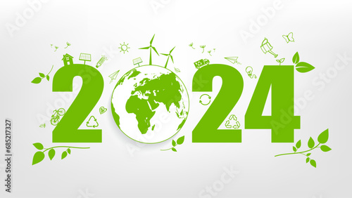 New year 2024 Green Eco friendly, Sustainability planning concept and World environmental with doodle icons on white background, Vector illustration