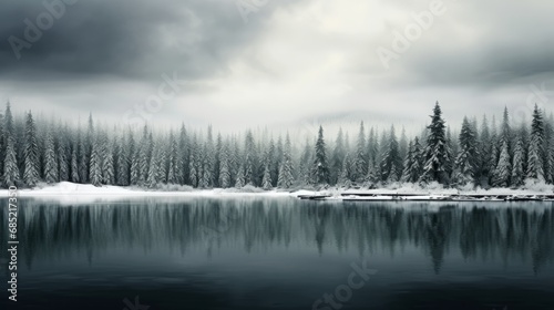 A snowy evergreen forest under a cloudy sky capturing the simplicity and monochromatic beauty of winter landscapes AI generated illustration