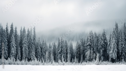 A snowy evergreen forest under a cloudy sky capturing the simplicity and monochromatic beauty of winter landscapes  AI generated illustration © ArtStage