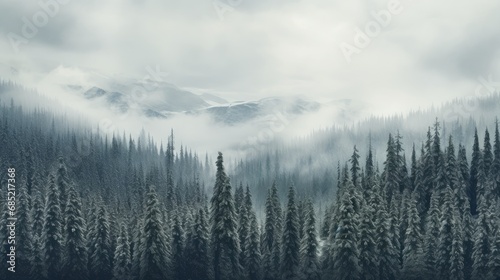 A snowy evergreen forest under a cloudy sky capturing the simplicity and monochromatic beauty of winter landscapes AI generated illustration