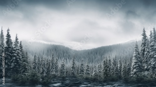 A snowy evergreen forest under a cloudy sky capturing the simplicity and monochromatic beauty of winter landscapes  AI generated illustration © ArtStage