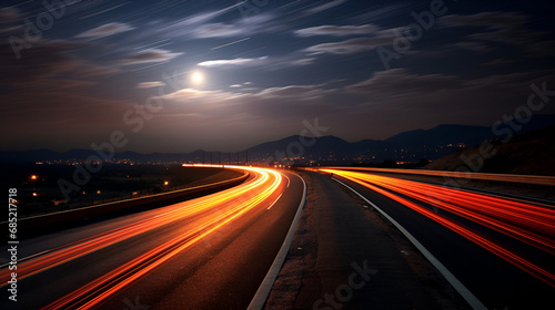 a highway in time-lapse motion blur, light trails, night, under a full moon