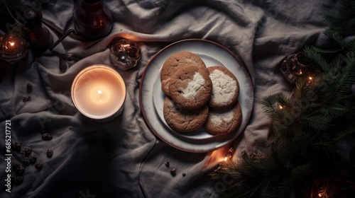 A soothing minimalistic flat lay of baked cookies and warm milk for Christmas night AI generated illustration