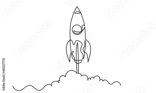continuous line drawing of Rocketship launch. flying rocket ship, rocket spaceship takes off into outer space.
