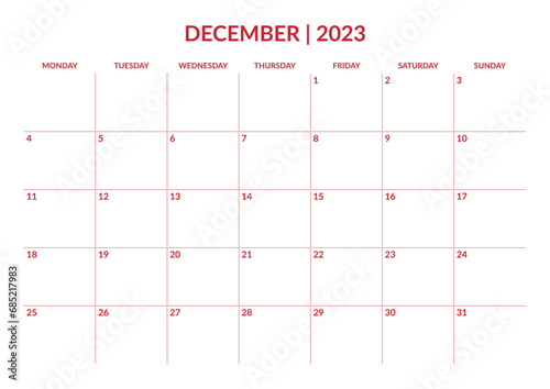 2023 December simple calendar, monday start