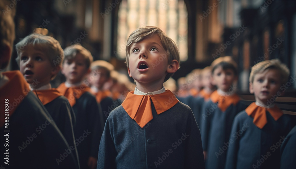 children's choir singing in church, wearing traditional choir clothes. Kids singing in catholic church with sunlight through window children's choir singing in church, wearing traditional choir clothes. Kids singing in catholic church with sunlight through window