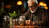 Elderly man counting coins in glass jar. Retirement savings concept.
