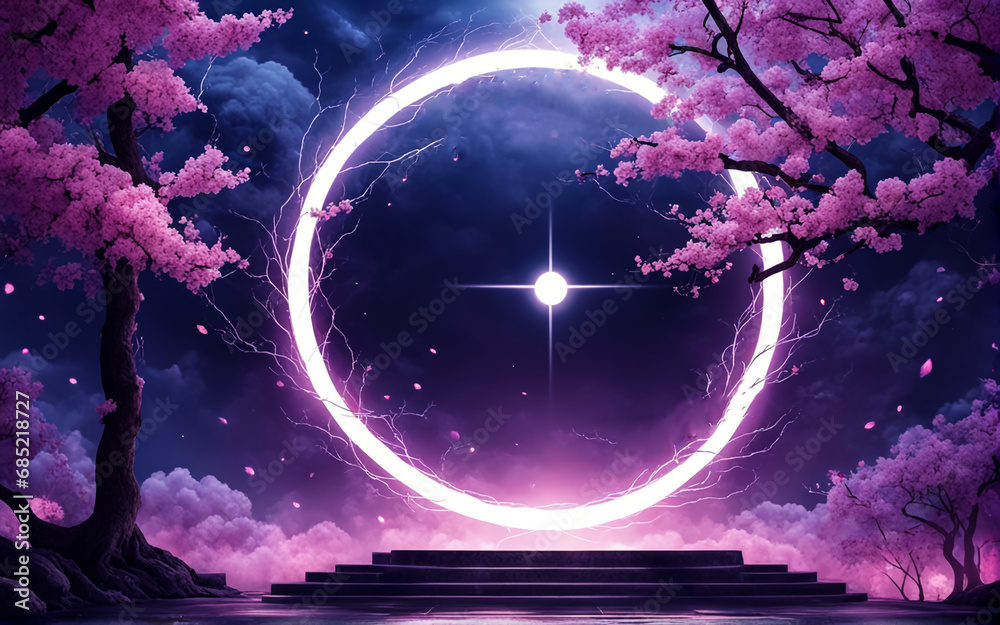 Obraz premium Fantastic landscape with neon circle and sakura. AI
