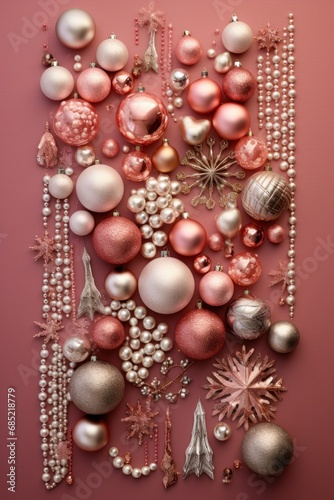 Christmas flat lay with decorative ornaments arranged on a sparkly background AI generated illustration