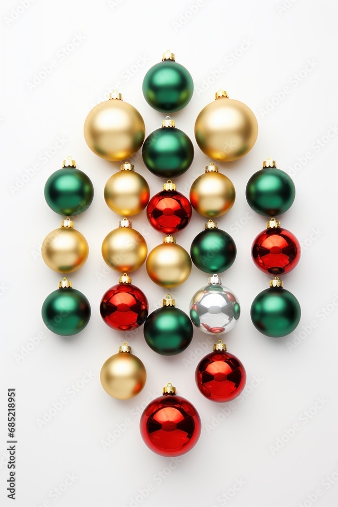Christmas tree ornaments arranged minimally on a white surface AI generated illustration Christmas tree ornaments arranged minimally on a white surface AI generated illustration