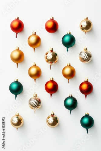 Christmas tree ornaments arranged minimally on a white surface AI generated illustration