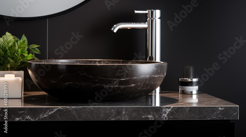 In a minimally furnished bathroom, a designer stone sink in black