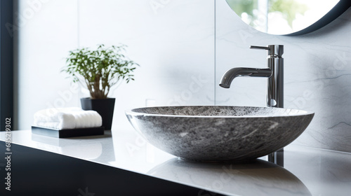 In a minimally furnished bathroom, a designer stone sink in gray photo