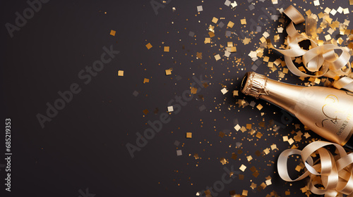 Top view golden champagne bottle, confetti stars and party streamers, Celebration background photo