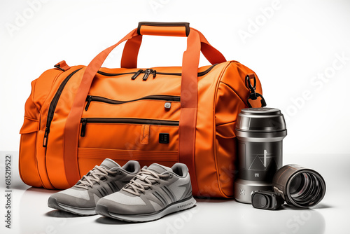orange gym bag with sports stuff on a white background photo