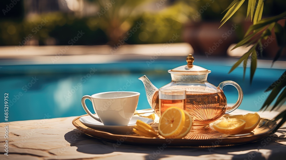 Fototapeta premium travel summer tea drink poolside illustration table luxury, vacation resort, food coffee travel summer tea drink poolside