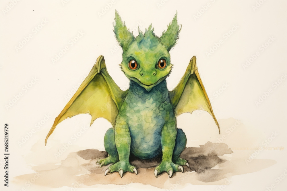 Fototapeta premium Painting of green dragon sitting on ground. Can be used for fantasy-themed projects or as visual representation of strength and power.
