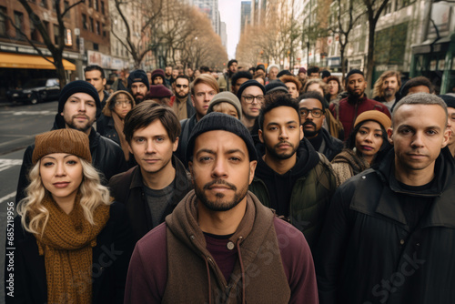 Group of people standing together on bustling city street. This image can be used to depict urban life and community interactions.