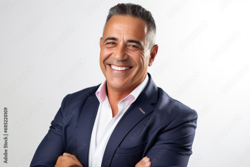 Picture of man wearing blue suit, smiling with his arms crossed. This image can be used to convey confidence, professionalism, and approachability. Picture of man wearing blue suit, smiling with his arms crossed. This image can be used to convey confidence, professionalism, and approachability.