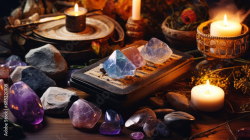 Beautiful esoteric and mystical altar for meditation with crystals and semi-precious stones