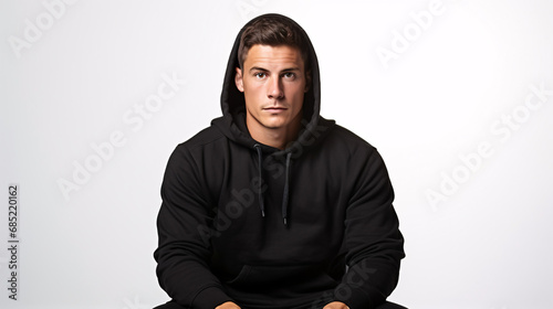 Portrait of an athletic man sitting and looking at the camera on a white background