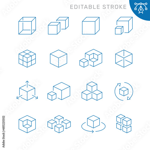 Vector line set of icons related with cubes. Simple outline sign. Editable stroke. photo