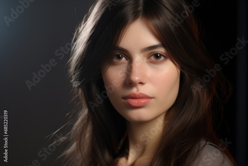 Woman with long brown hair posing for picture. This image can be used in various contexts.