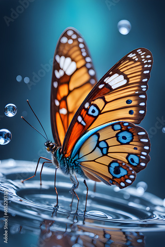 Beautiful butterfly with colorful wings, orange and blue, sits on the water and drinks. Close-up of butterfly on blue background