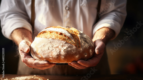 A man baker in a gray apron stands against a dark background and holds bread