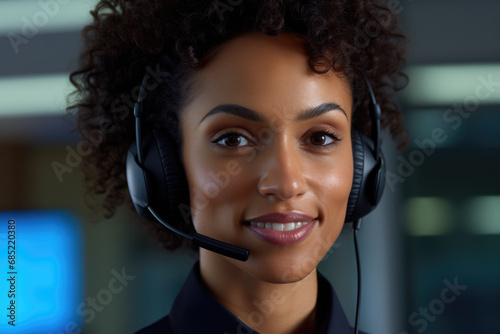 Woman wearing headset and smiling. Perfect for customer service, call center, or telemarketing concepts.