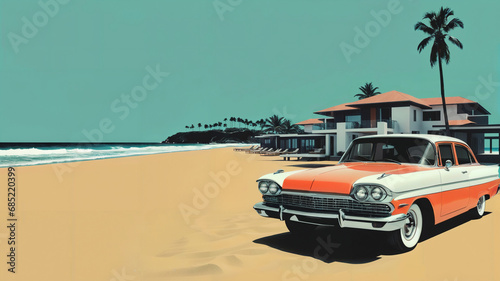 car on the beach, vintage, negative space, simple