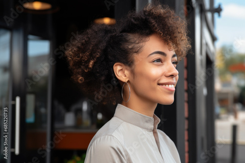 Woman with curly hair standing outside of building. This versatile image can be used to portray concepts such as independence, confidence, or urban lifestyle.