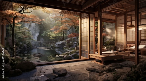 A highly detailed digital rendering of a traditional Japanese ryokan with tatami mat floors, sliding shoji screens, and a serene garden, offering an authentic and tranquil lodging experience photo