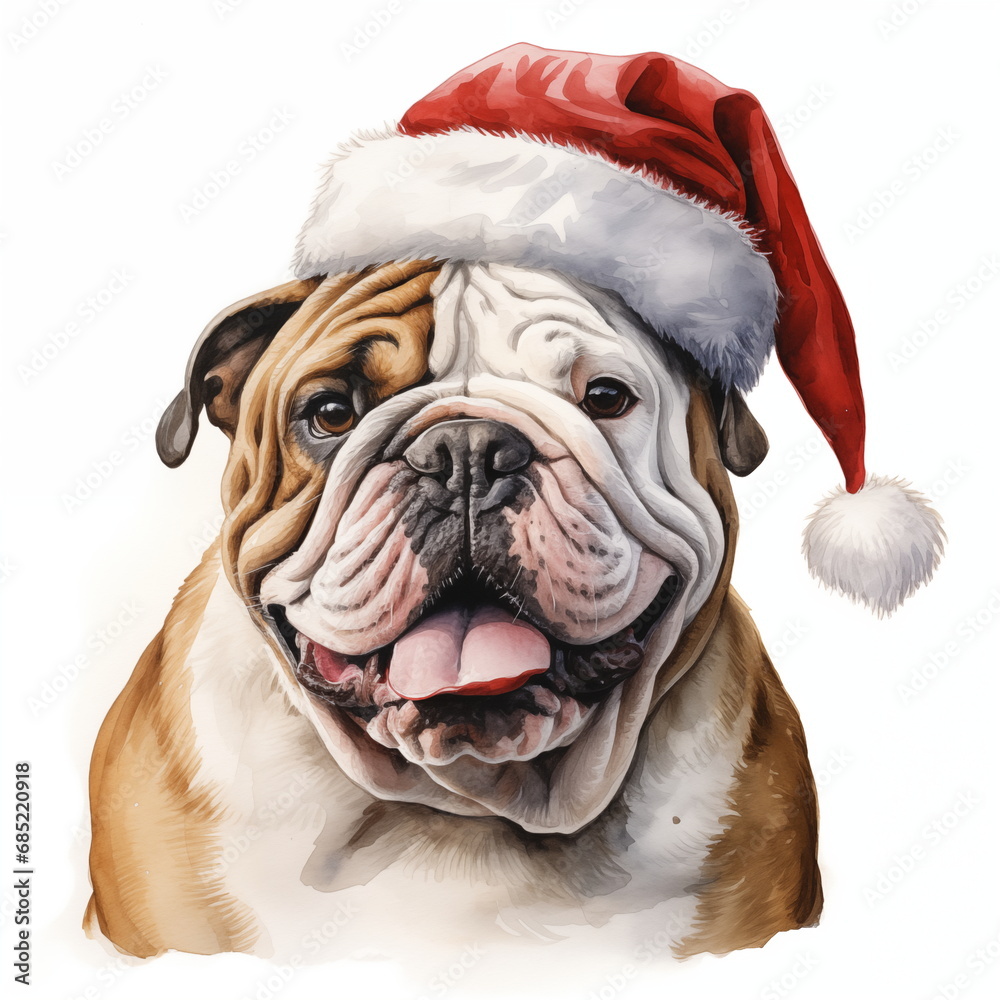 Watercolor painting of an adorable Bulldog breed dog wearing a red Santa Claus hat on a white background. Perfect for making Christmas cards for dog lovers. Christmas illustration.