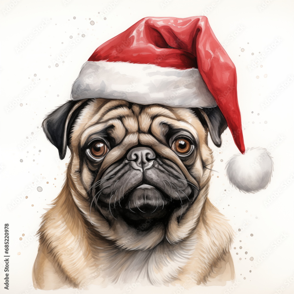Watercolor painting of an adorable Pug breed dog wearing a red Santa Claus hat on a white background. Perfect for making Christmas cards for dog lovers. Christmas illustration.
