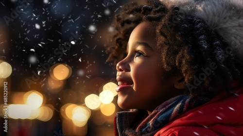 Child girl african watch their New Year fireworks display amazement and delight in a snowy park in front of firework display, generative ai