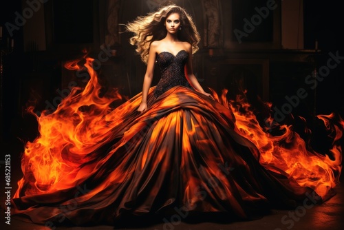 A fashion model in a dress made of fire and flames. photo