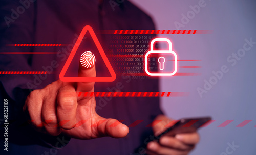 System warning caution sign, scam virus attack on firewall for notification error and maintenance. Network security vulnerability, data breach, illegal connection and information danger. photo