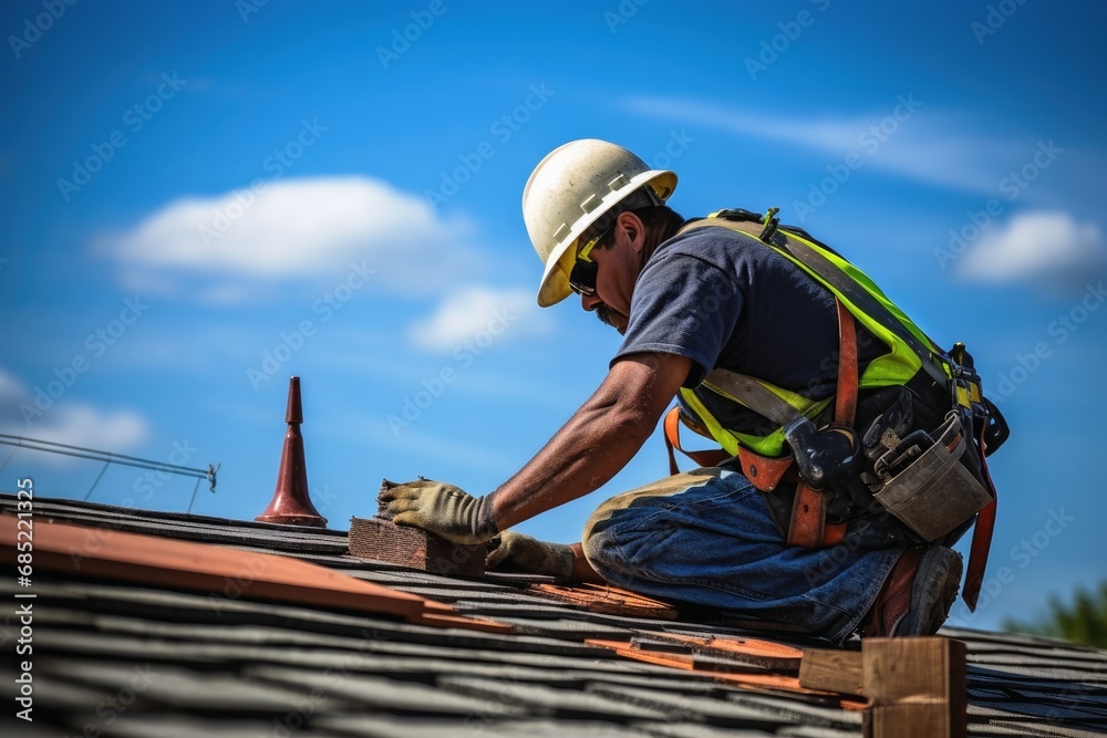 A roofer at work on a construction site. - obrazy, fototapety, plakaty 